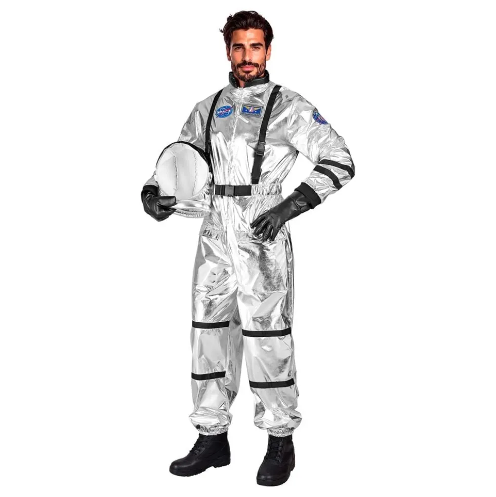 Astronautin hopeinen Metallic miesten naamiaisasu