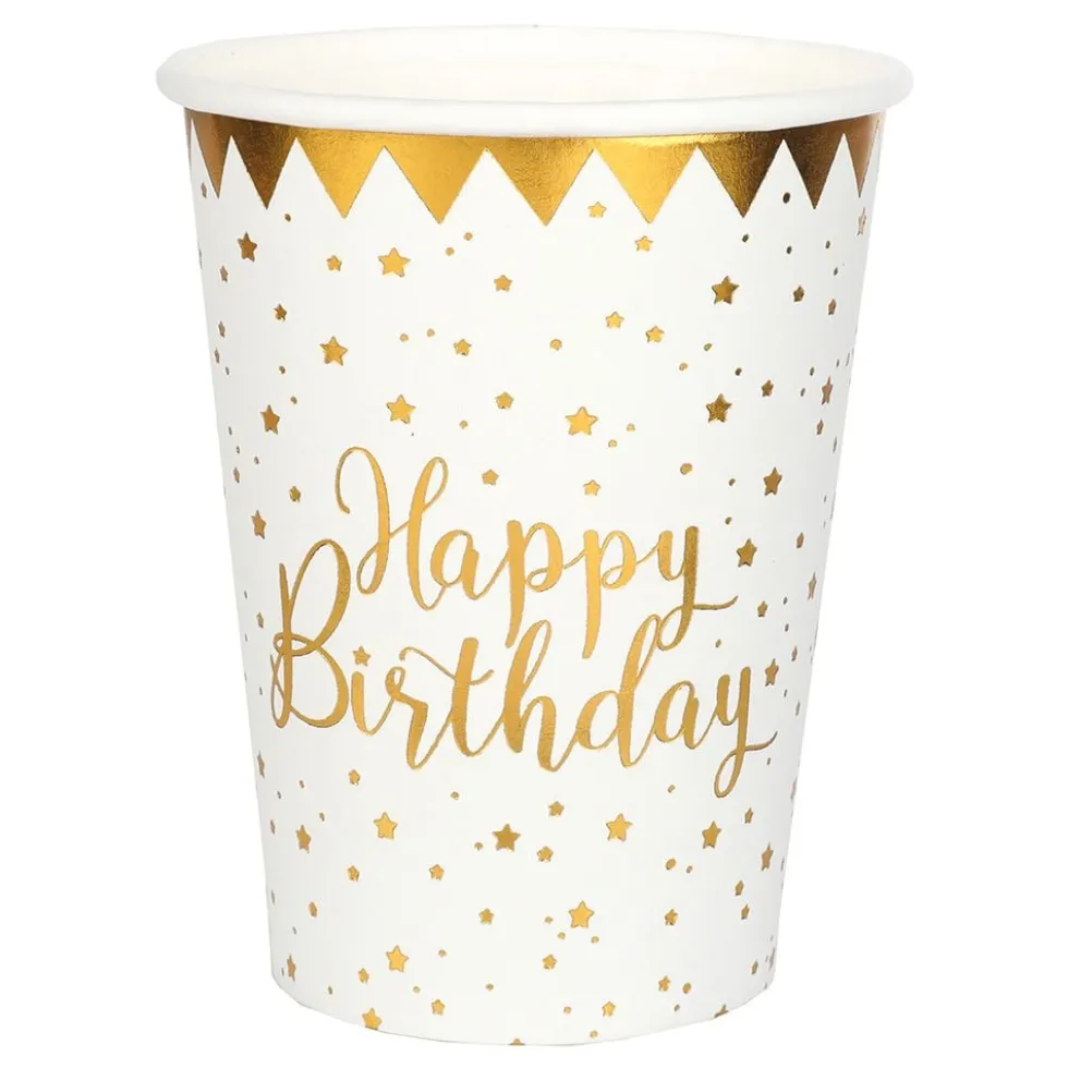 Pahvimukit Happy Birthday Kulta/Valkoinen