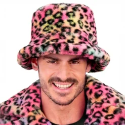 Vaaleanpunainen leopardikuvioinen tekoturkis-bucket hat
