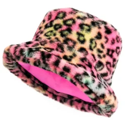 Vaaleanpunainen leopardikuvioinen tekoturkis-bucket hat