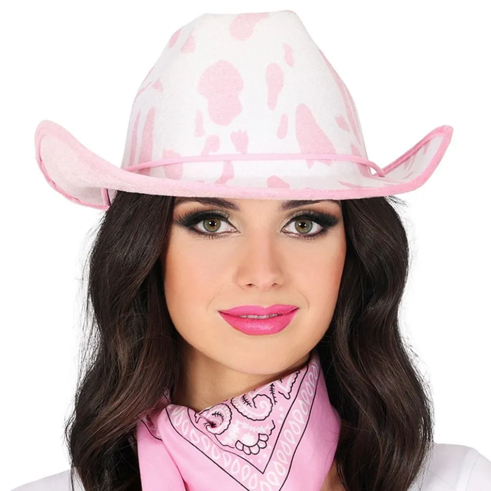 Vaaleanpunavalkoinen Lehmänkuvioinen Cowboyhattu